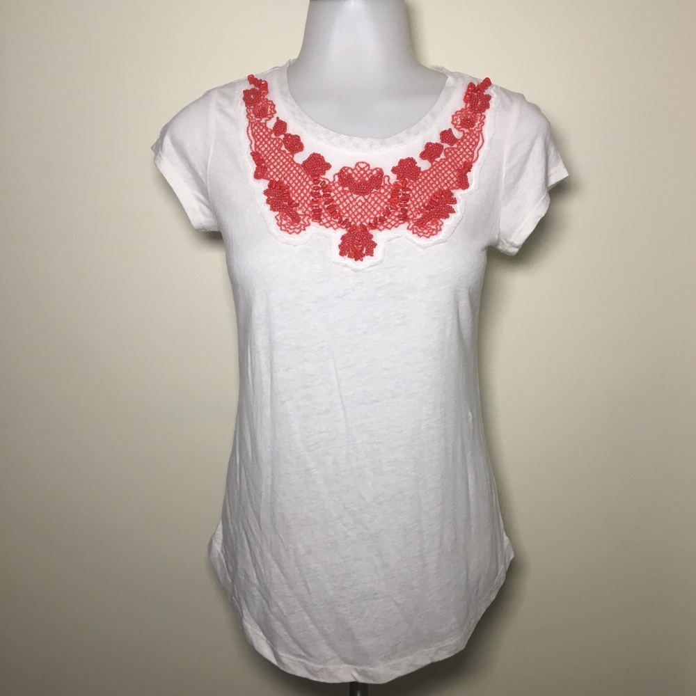 NWT Ann Taylor Beaded Neckline White Linen Top XSP